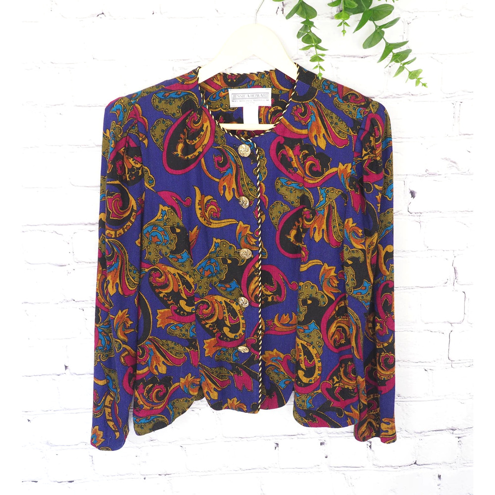 80s‎ Vintage Paisley Blazer Jacket Retro Purple Jessica Howard Size M Petite